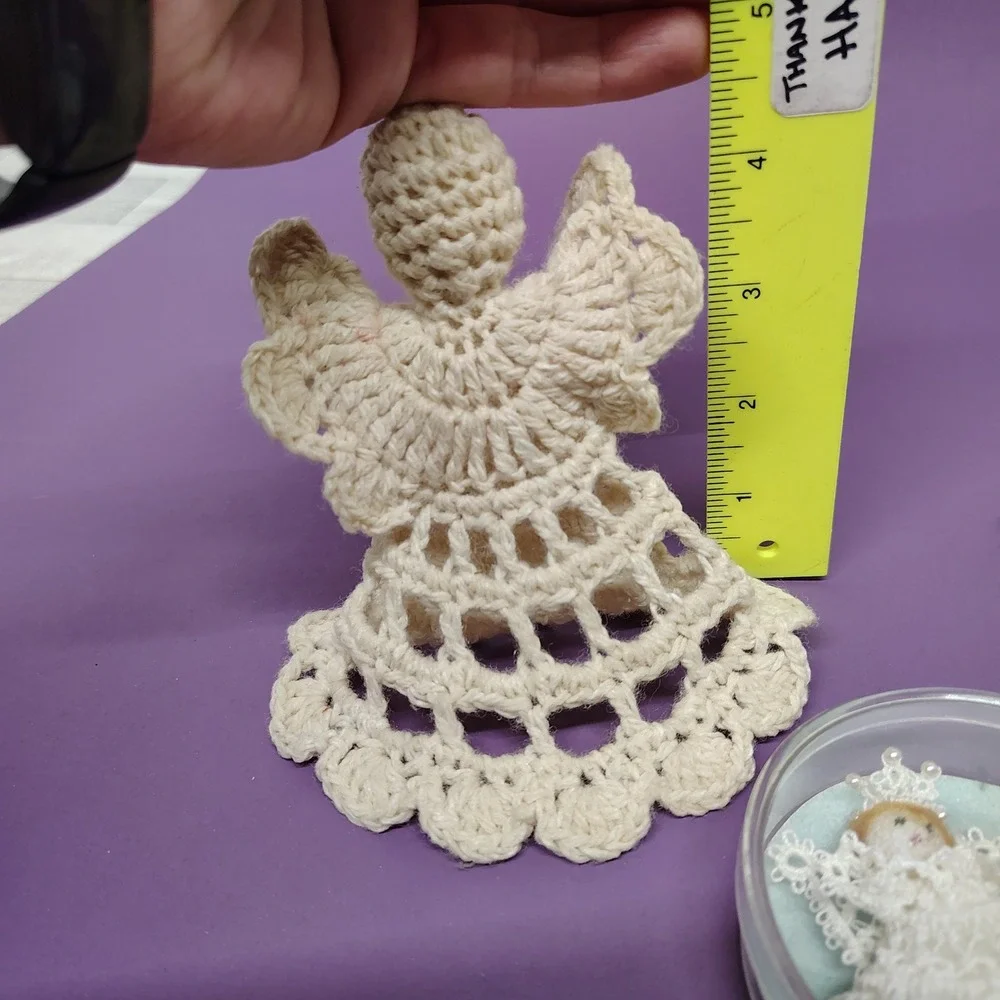 Lot of 2 Angels Vtg‎ Handmade Ornaments Crochet Lace Religious Christmas Decor
